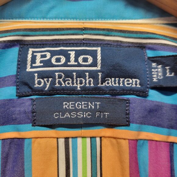 VTG 90s Polo Ralph Lauren Striped Colorblock Long Sleeve Button Shirt Mens Large - Picture 2 of 7